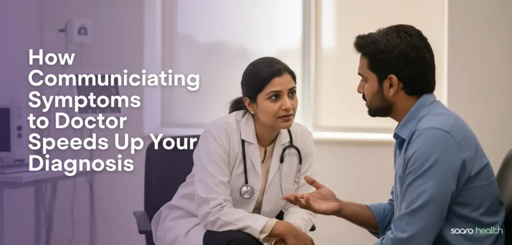 A patient effectively communicating symptoms to doctor in a modern clinic office.