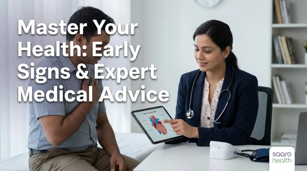 Indian doctor consulting a patient about early signs and expert medical advice on a tablet