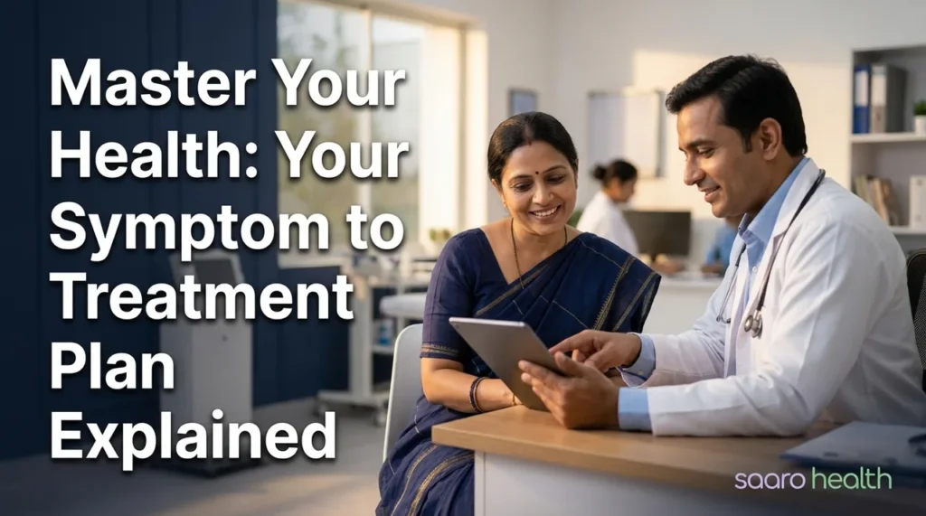 A compassionate doctor explaining a symptom to treatment plan to a patient in a modern Indian clinic.