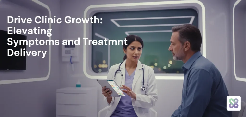 A modern Indian doctor reviews digital patient records on a tablet, demonstrating how clinics can drive growth by elevating symptoms and treatment delivery with technology.