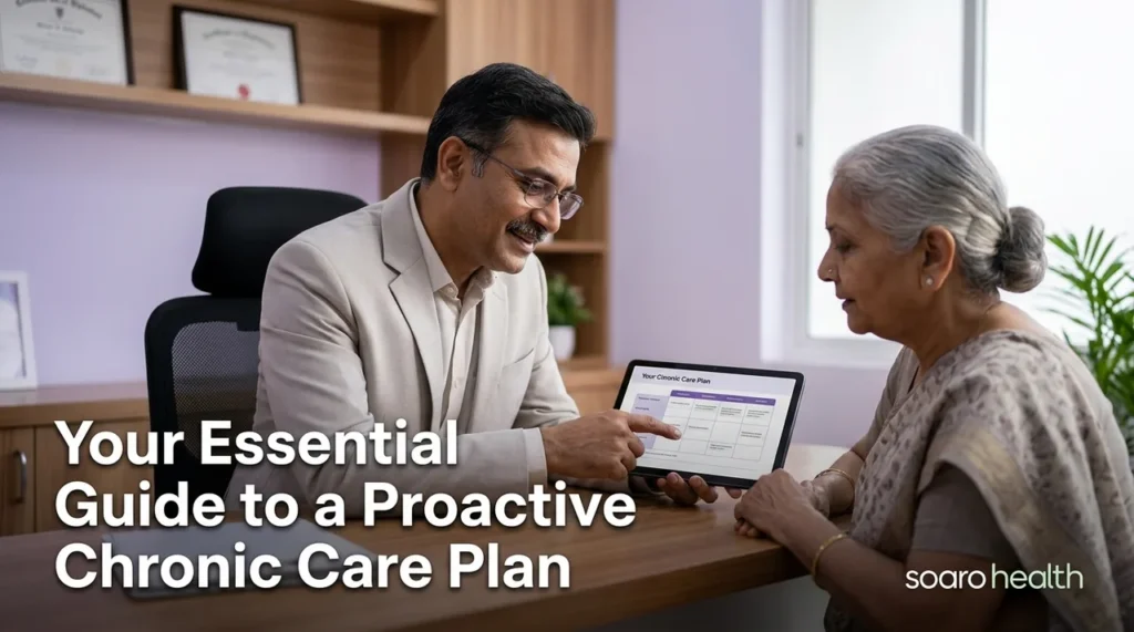 A compassionate doctor and a patient discussing a proactive chronic care plan in a modern Indian clinic setting.