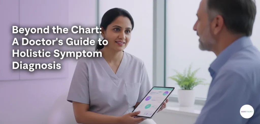 A doctor's guide to holistic symptom diagnosis, showing a detailed consultation in a modern Indian clinic.