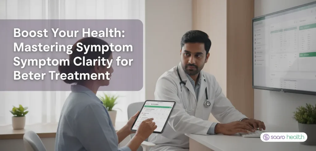 An Indian doctor reviews patient data, emphasizing Symptom Clarity for Better Treatment with digital health records.