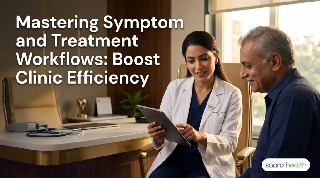 A doctor reviewing digital patient records, demonstrating mastery over symptom and treatment workflows in a modern clinic.