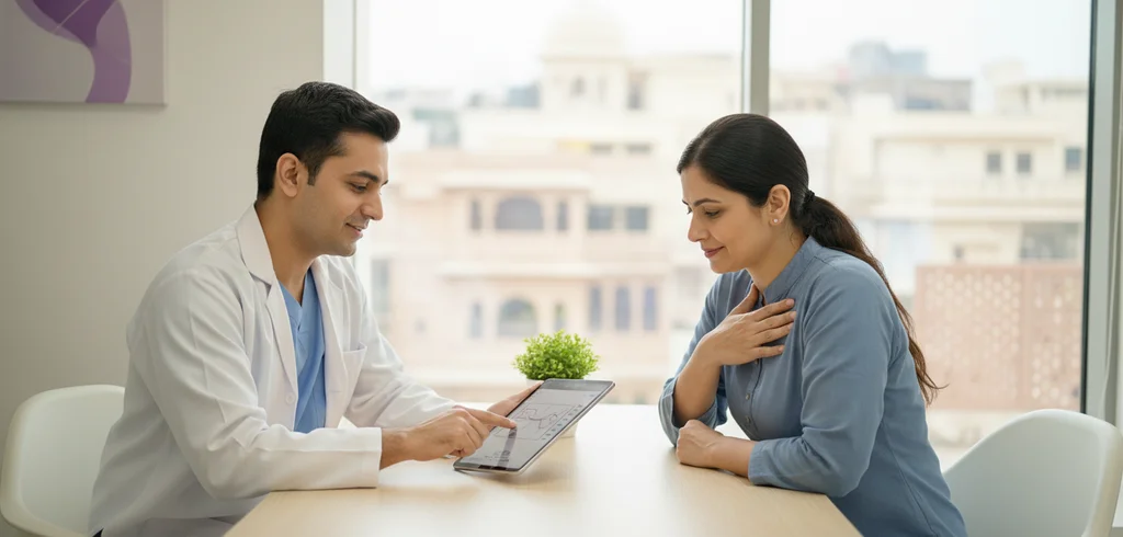 Symptom Clarity Jaipur: Patient discussing symptoms with a doctor for diagnosis and treatment at our clinic.