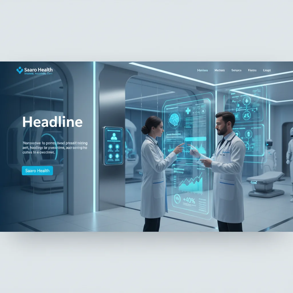 AI in healthcare featured image for Saaro Health, showcasing futuristic doctor-patient interaction with advanced technology and data dashboards, in a modern clinic setting with blue and teal gradients.