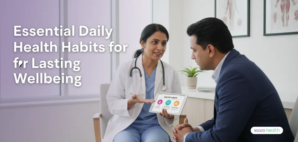 Doctor discussing daily health habits with a patient using a tablet in a clinic