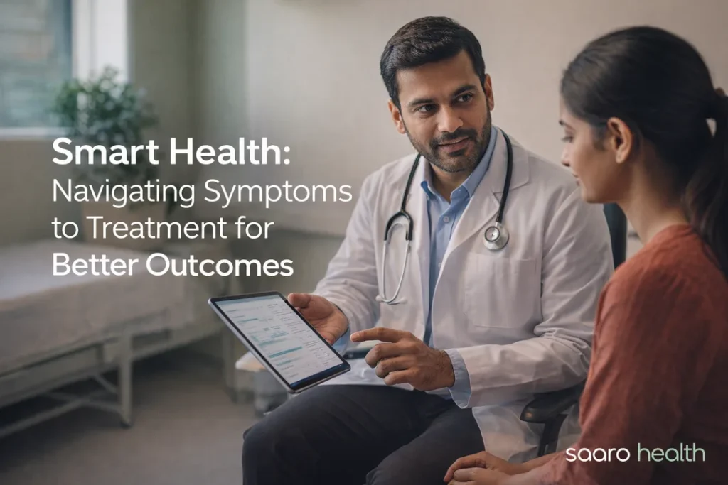 A modern Indian doctor reviews digital patient records on a tablet with a patient, illustrating effective strategies for Navigating Symptoms to Treatment in a clinic setting.
